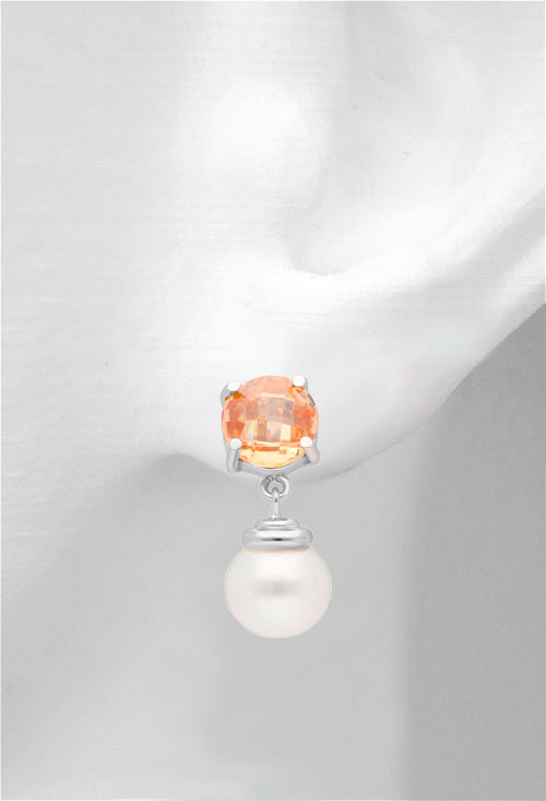 pendientes latgos oro nlanco 18 kilatyes con perla cultivada y citrino vista maniqui