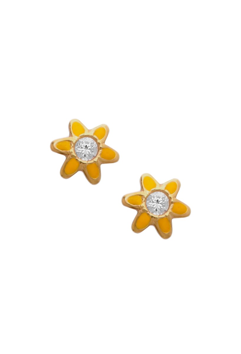 pendientes oro amarillo 18 ktes con circonita y esmalte amarillo forma de margarita vista frontal para parrilla web el rubi joyeros