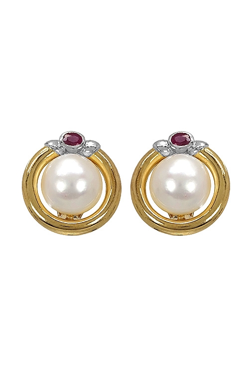 pendientes mujer oro amarillo 18 ktes con perla japonesa y rubi vistos de frente 025_B-02602