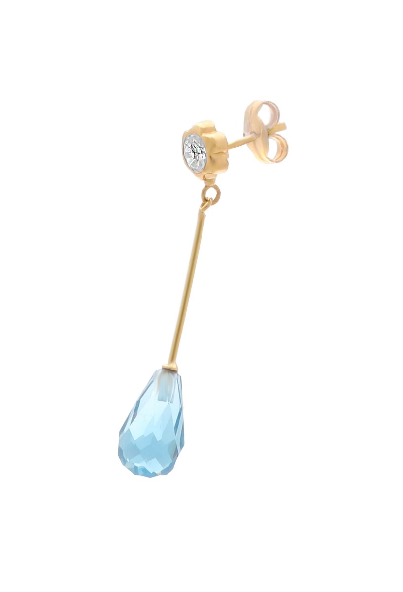 pendientes largos oro amarillo 19 ktes con topacio azul y circones vista lateral