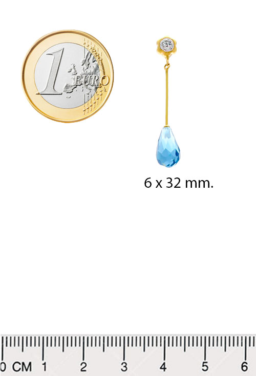 pendientes largos oro amarillo 19 ktes con topacio azul y circones vista con medidas