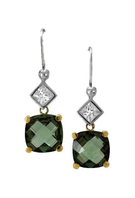 pendiente largos oro bicolor blanco y amarillo un cuarzo verde facetado colgando de anzuelo y circon cuadrado foto frontal