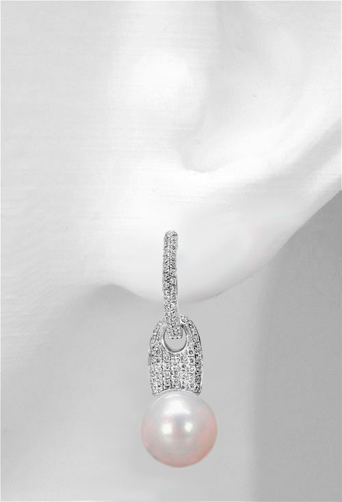 pendientes oro blanco 18 kilates con diamantes y perlas cultivadas foto modelo para la joyeria online mas barata
