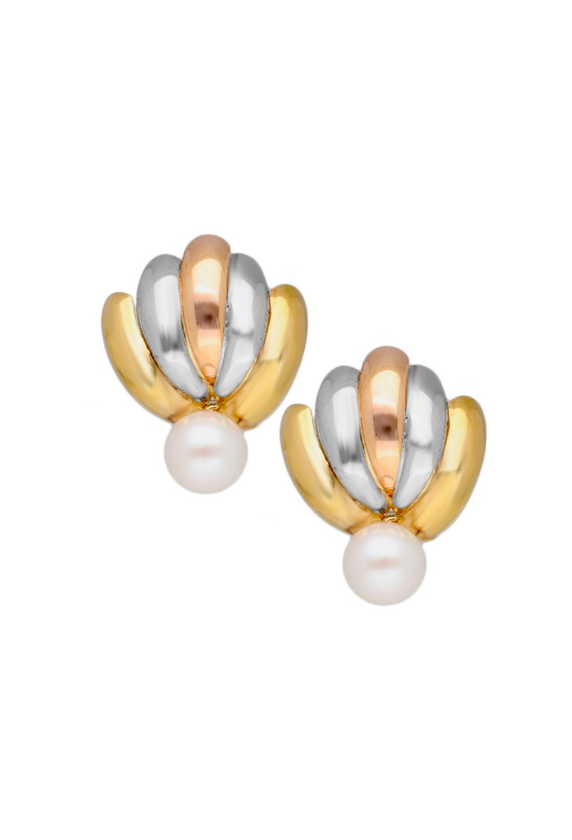 pendientes oro tricolor 18k con perla cultivada vista frontal