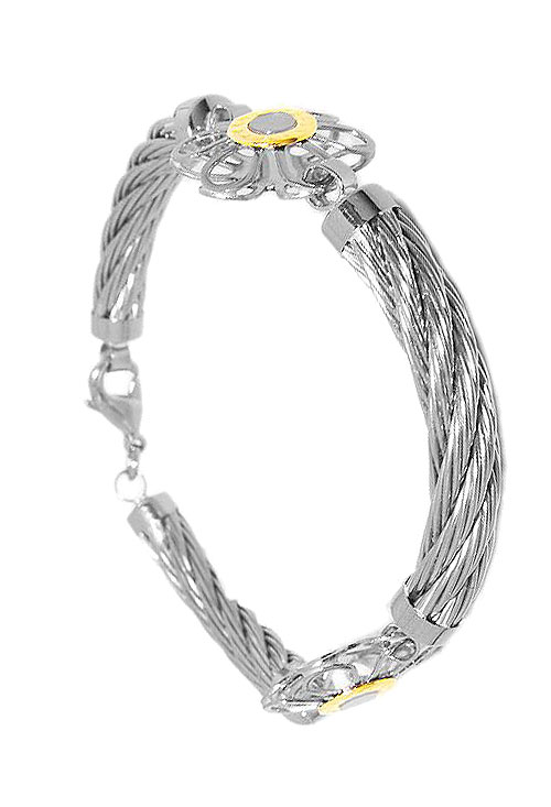 pulsera de acero con detalles de oro, tres tramos de cordon entre dos motivos flores precio barato joyeria online