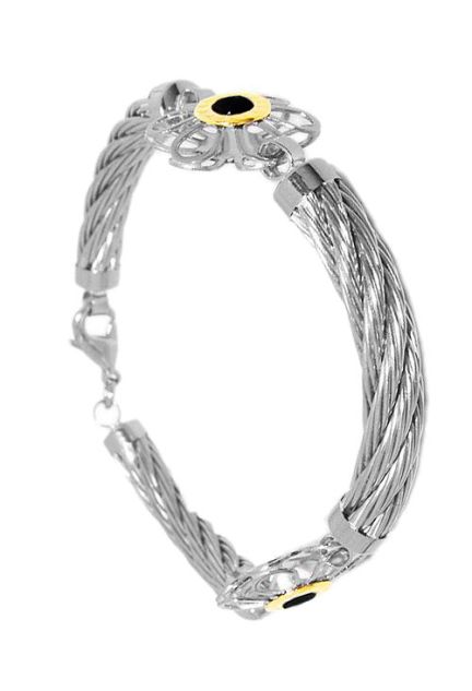 pulsera acero y oro tres tramos de cordón entre dos margaritas precio muy barato joyería online