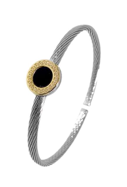 pulsera de acero y oro rigida cable de acero trenzado con motivo circular de oro y onice