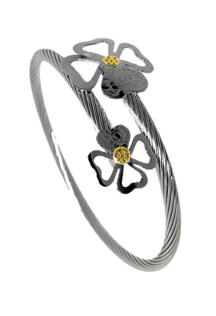 pulsera aro rigido de acero con terminales en forma de trébol y detalles de oro precio barato joyeria online