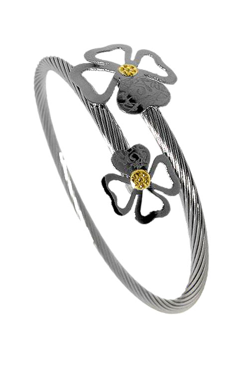 pulsera aro rigido de acero con terminales en forma de trébol y detalles de oro precio barato joyeria online
