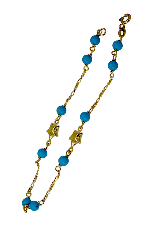 pulsera de oro amarillo 18 kilates con entrepiezas en forma de estrella y bolas de turquesa