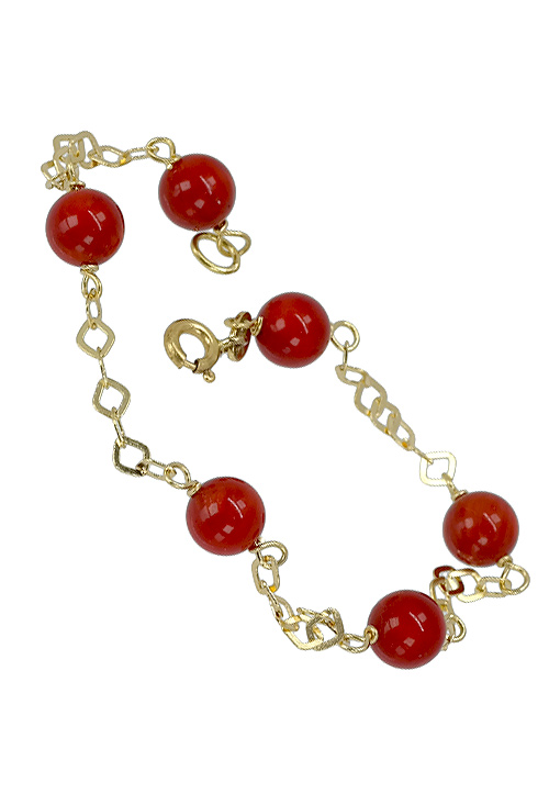 pulsera de oro amarillo 18 ktes y bolas de coral de 7 mm