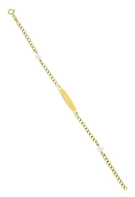 pulsera bebe con chapa para grabar y perlas cultivadas realizada en oro amarillo de 18 kilates vista extendida