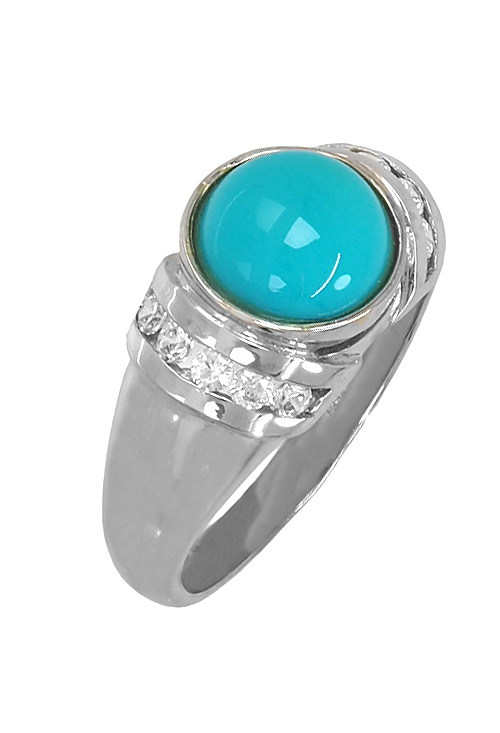 Sortija de oro blanco de ley de 18 kilates con turquesa cabujon y galeria de circonitas en joyeria online al precio mas barato de internet lateral