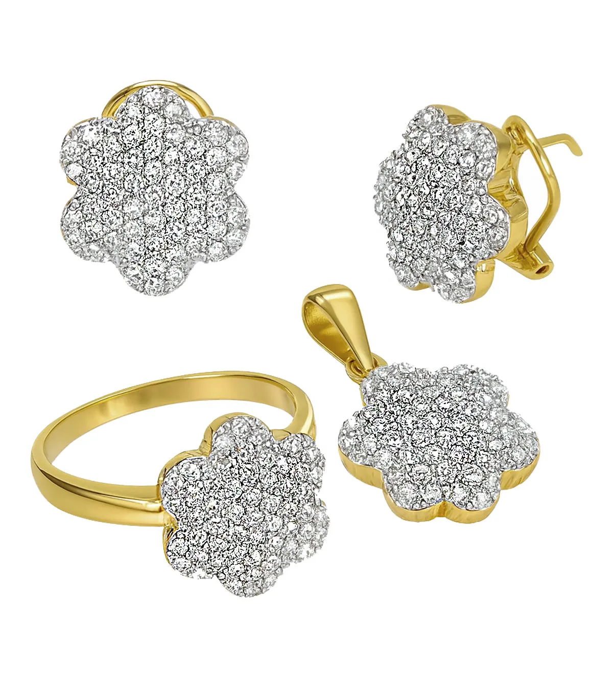 conjunto de oro sortija pendientes y colgante flor cuajada de circones