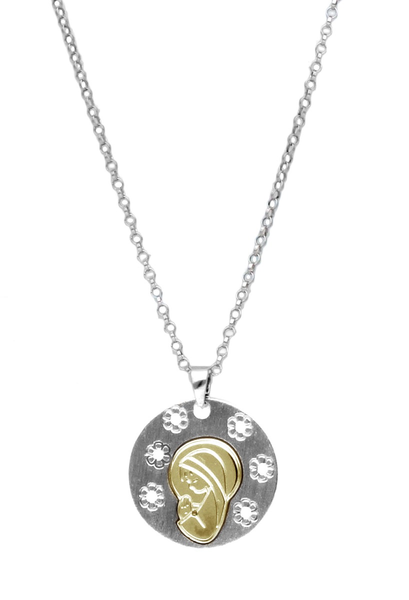 medalla plata bicolor virgen nina con cadena especial para primera comunion vista frontal