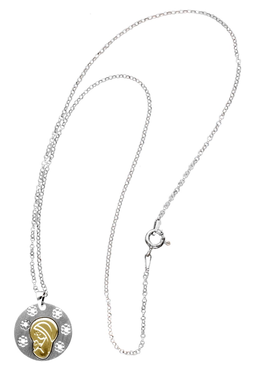 medalla plata bicolor virgen nina con cadena especial para primera comunion vista completa