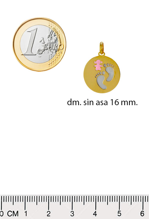 colgante oro y nacar huellas de pies y niña esmaltada en rosa vista medidas para web el rubi joyeros