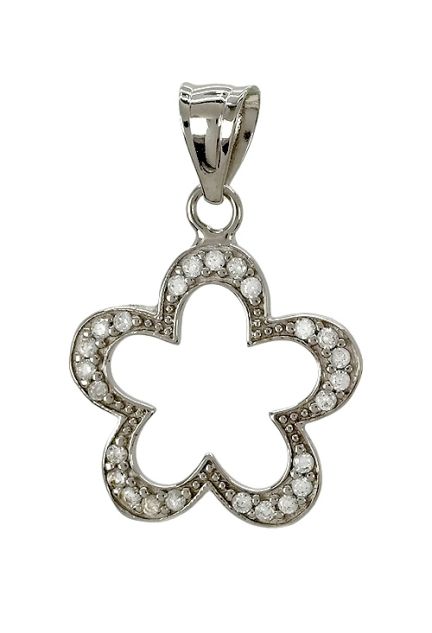 colgante de oro blanco con circonitas, flor calada de 5 petalos