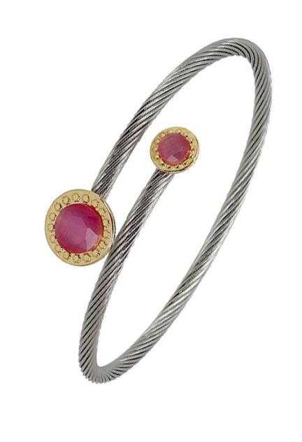 pulsera de acero y oro, aro rígido con terminales circulares de cuarzos rosas con bisel de oro