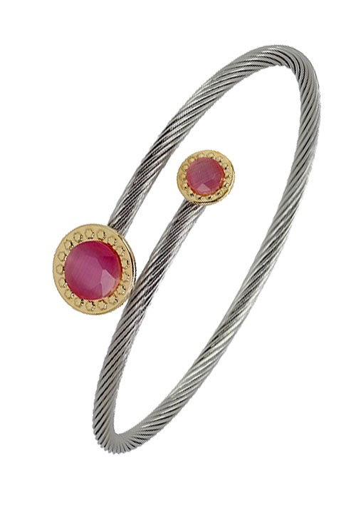 pulsera de acero y oro, aro rígido con terminales circulares de cuarzos rosas con bisel de oro