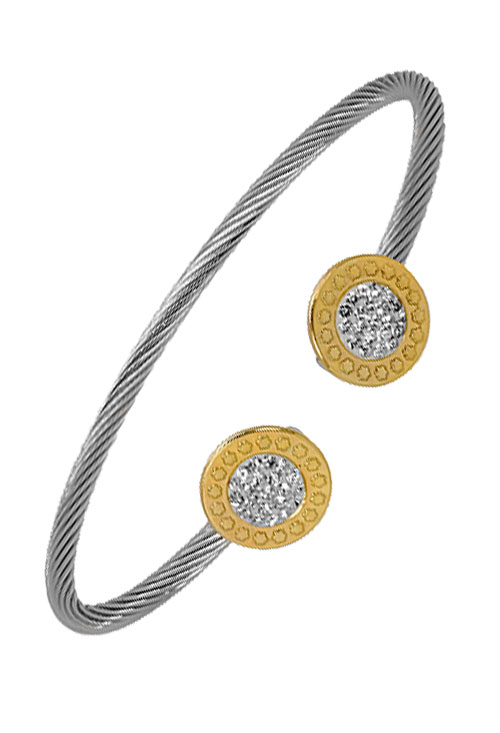 pulsera de acero y oro con topes circulares de oro y circonitas