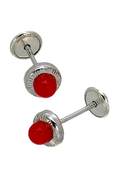 pendientes niña plata de ley y coralina con tuercas a rosca