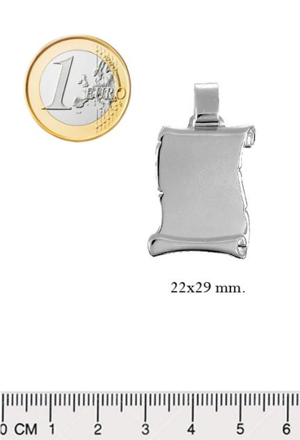 chapa plata pergamino fotografia con medidas comparadas a un euro