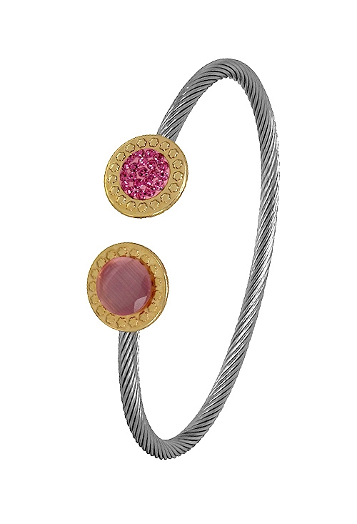pulsera acero y oro rígida con motivos de piedras rosas 094_61432-PGR-2
