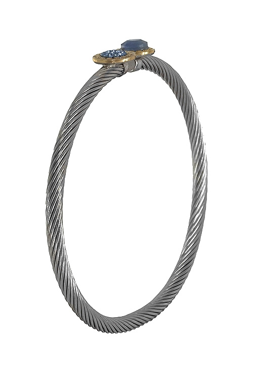 pulsera acero y oro rígida con topes circulares encarados y piedras azules 094_61433-P2P-3 foto lateral