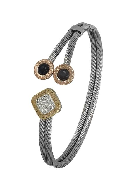 pulsera de acero y oro con terminales biselados en oro dos circulares y uno romboide 094_61558P