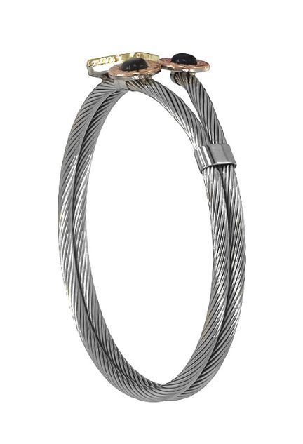 pulsera de acero y oro con terminales biselados en oro dos circulares y uno romboide 094_61558P foto lateral