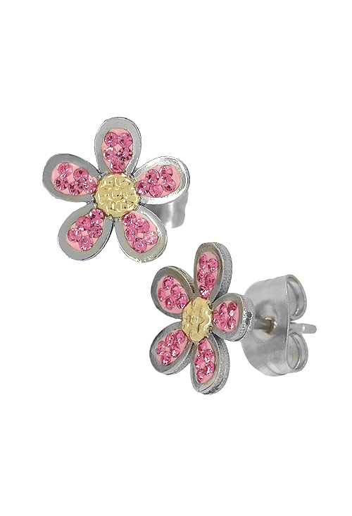 pendientes de acero forma de margarita con cristales swarovski en resina rosa 094_51195-PPR-R
