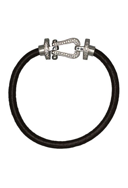 pulsera cordon de cuero con motivo estribo cuajado de circonitas 240_BPR-21C