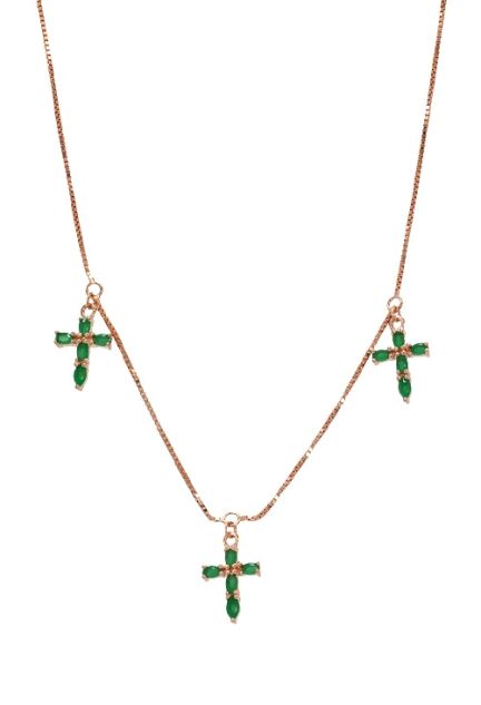 gargantilla plata chapada en rosa con 3 cruces de cuarzos verdes color esmeralda 295_PVOL74408