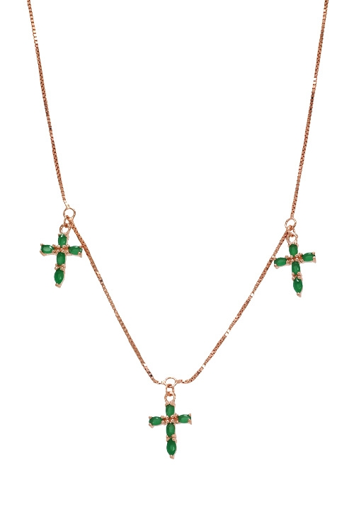 gargantilla plata chapada en rosa con 3 cruces de cuarzos verdes color esmeralda 295_PVOL74408