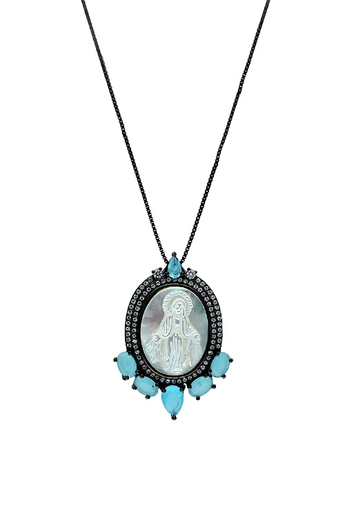 Medalla de plata con nácar orlada piedras y cadena 295_PVOL73803