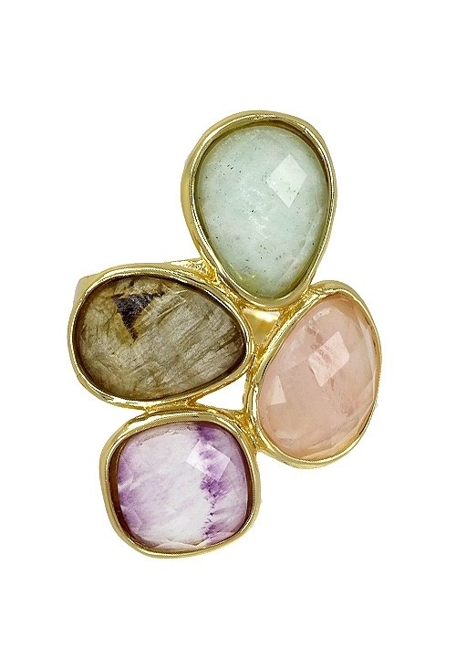 Diseño de alta joyería en plata chapada, sortija para mujer realizada en plata chapada y con cuarzos facetados de diferentes clases y colores vista frontal