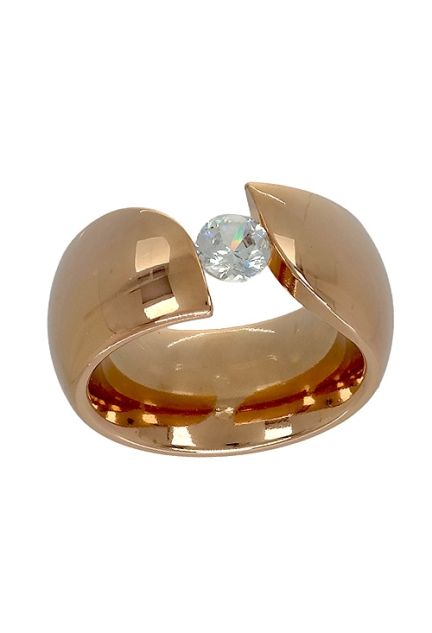 anillo de acero chapado en color rosa con circonita engastada apresion vista frontal 276_A2381-R