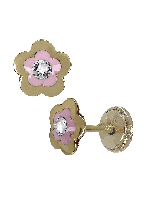 Pendientes tipo flor de oro amarillo de ley con circonita perfil