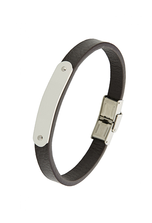 Pulsera Marea de acero y cuero negro chapa para grabar D00103-113