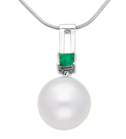 gargantilla de oro blanco con perla australiana y esmeralda vista frontal