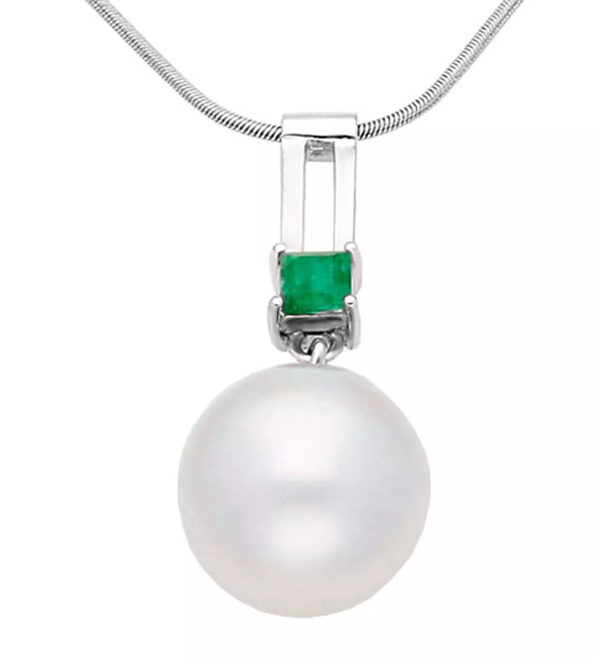 gargantilla de oro blanco con perla australiana y esmeralda vista frontal