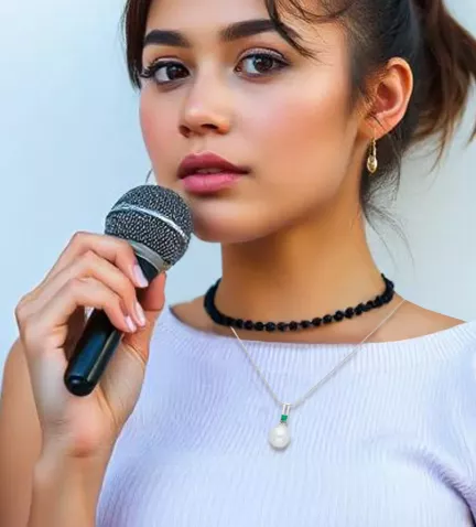 gargantilla de oro blanco con perla australiana y esmeralda vista con modelo