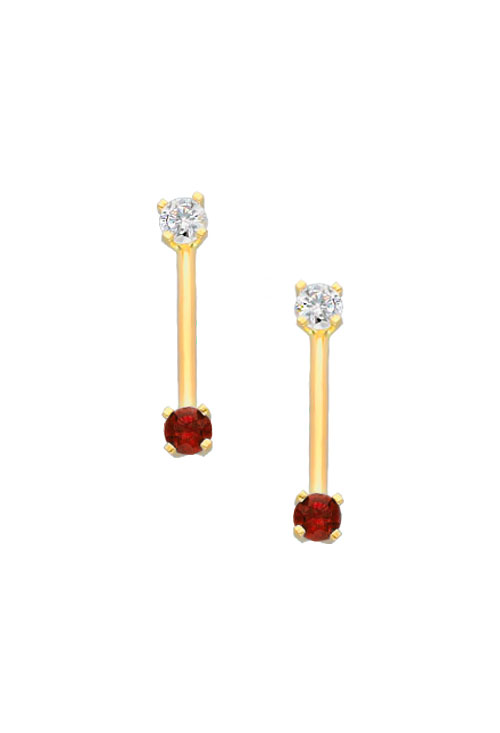 pendientes largos de oro amarillo con circonita y cuarzo rojo rubi vista frontal 030_2455-R