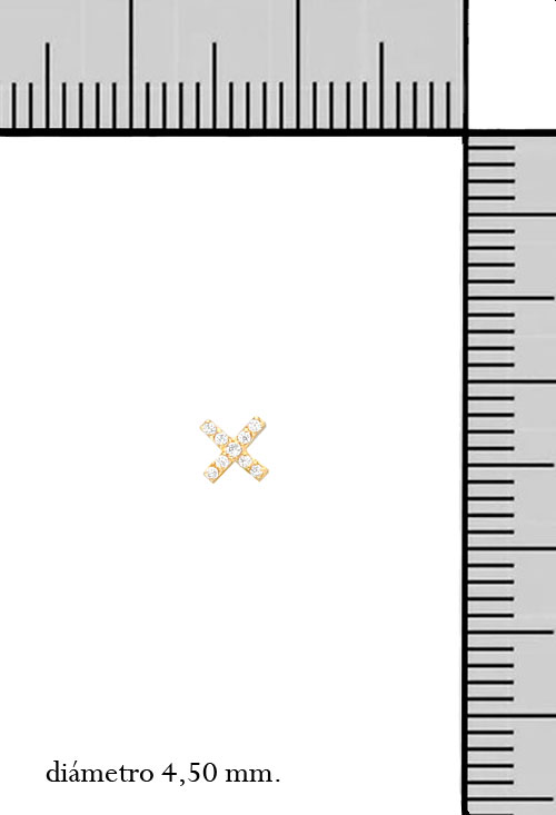 piercing oro amarillo 18 kilates forma de x o cruz griega con circonitas vista con medidas 030_3673._Mjpg