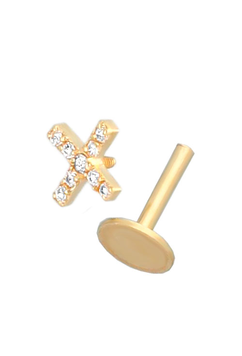 piercing oro amarillo 18 kilates forma de x o cruz griega con circonitas vista sistema cierre 030_3673_02