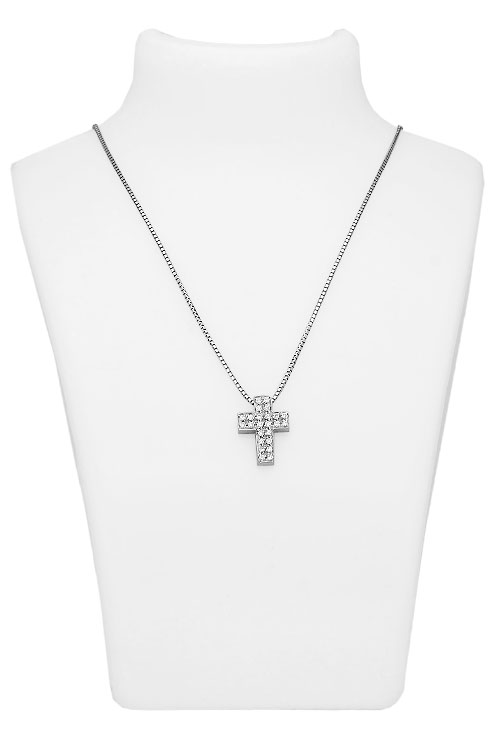 gargantilla oro blanco 18 kilates y diamantes cadena veneciana y motivo cruz vista expositor 305_GM104-10_02