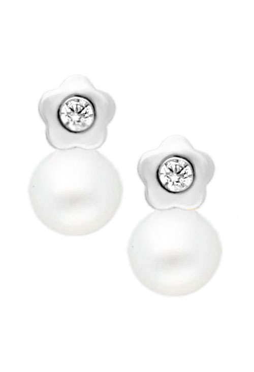 pendientes oro blanco 18k para bebe flor 1 circon y perla 234_2300-BP