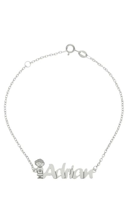Pulsera personalizada de oro blanco silueta de niño y nombre 287_PU1175