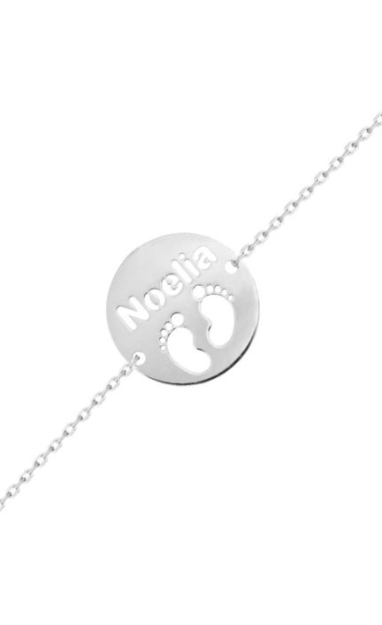 Pulsera personalizada en oro blanco con pies bebé y nombre calado 287_PU1353